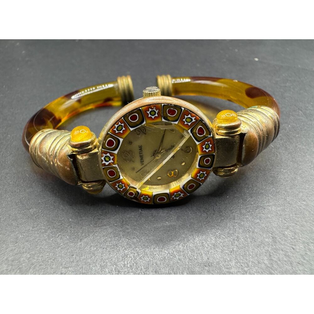 Ladies Venetiae Art Glass Millefiori Glass Gold Tone Tortoise Shell Bangle Band
